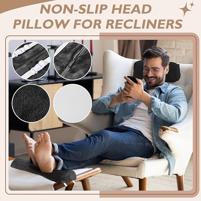 Yalikop 2 Pcs Non Slip Recliner Head Pillow Half Moon Bolster Pillow Set Neck Pillow for Office Chair Foot Pillow for Head Ankle Lumbar Support Leg Elevation Sleeping, Sofas and Loveseats (Black)