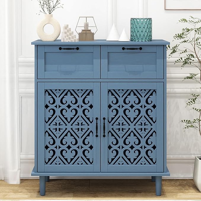 Kitchen Storage Cabinet with Drawers - Accent Cabinet with Carved Door, Floor Sideboard Buffet with Storage, Small Wood Credenza for Living Room, Dining Room, Entryway, Blue