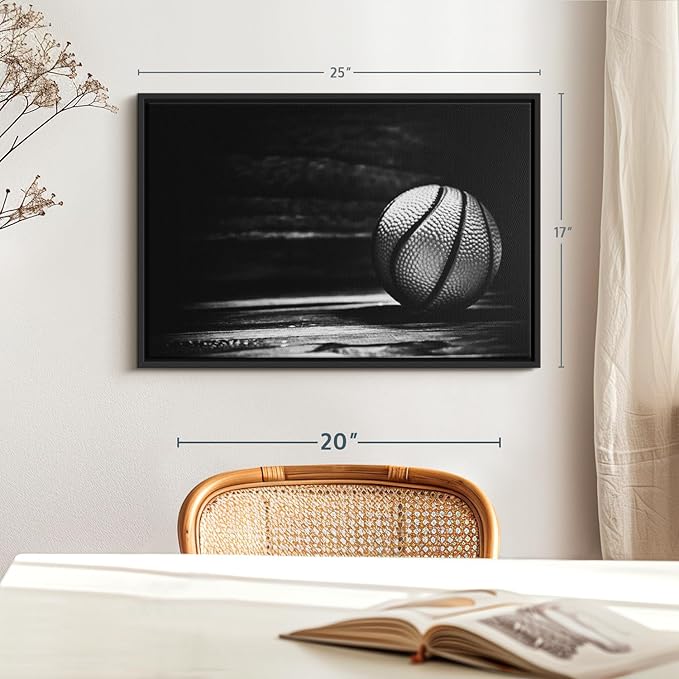 ElephantStock Basketball Wall Art - Horizontal Framed Canvas - 1-Piece Hallway Wall Decor - Photography sports Canvas Print - Black and Gray Decor for Wall - 25" X 17"