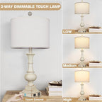 26" Farmhouse Table Lamps Set of 2, Rustic Touch Control Bedside Lamps with 2 USB Ports & AC Outlet, Vintage White Resin 3-Way Dimmable Nightstand Lamp Linen Fabric Shade for Living Room Bedroom Decor