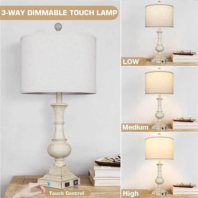 26" Farmhouse Table Lamps Set of 2, Rustic Touch Control Bedside Lamps with 2 USB Ports & AC Outlet, Vintage White Resin 3-Way Dimmable Nightstand Lamp Linen Fabric Shade for Living Room Bedroom Decor