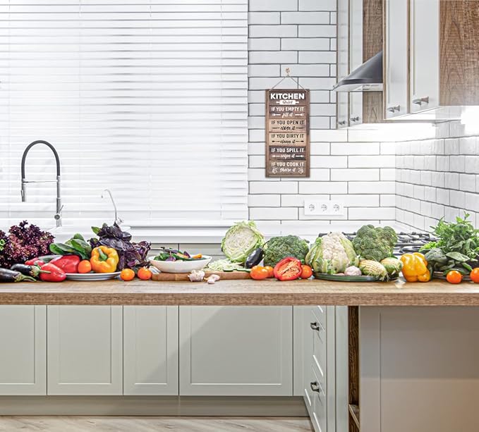 Hanging Kitchen Rules Wood Decor Sign, Rustic Kitchen Wooden Signs, Printed Wood Wall Art Sign, Kitchen Door Rules Rustic Sign, Hanging Wood Sign Kitchen Decor, Funny Farmhouse Kitchen Wall Décor