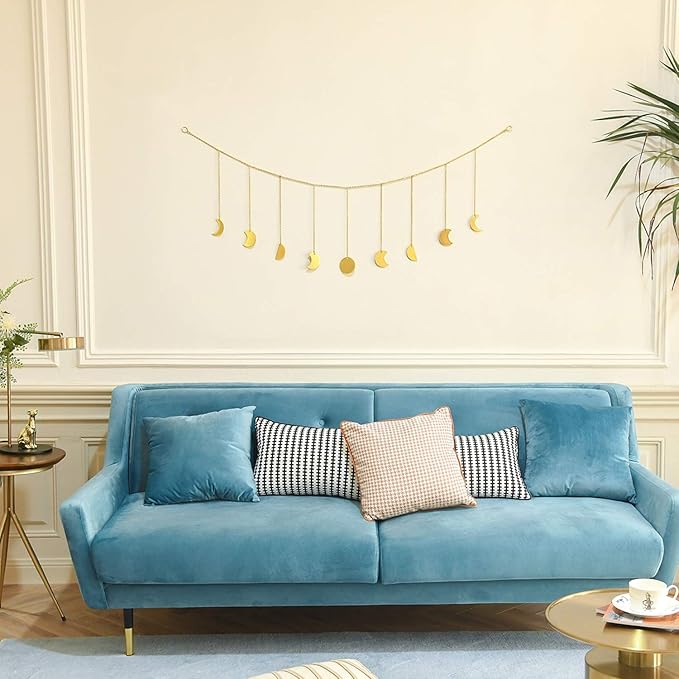 Mkono Moon Phase Wall Hanging Boho Aesthetic Room Decor Metal Moons Garland Hanging Art Bohemian Home Decoration for Girls Room Nursery Bedroom Livingroom Dorm, Ideal, Gold, 50"