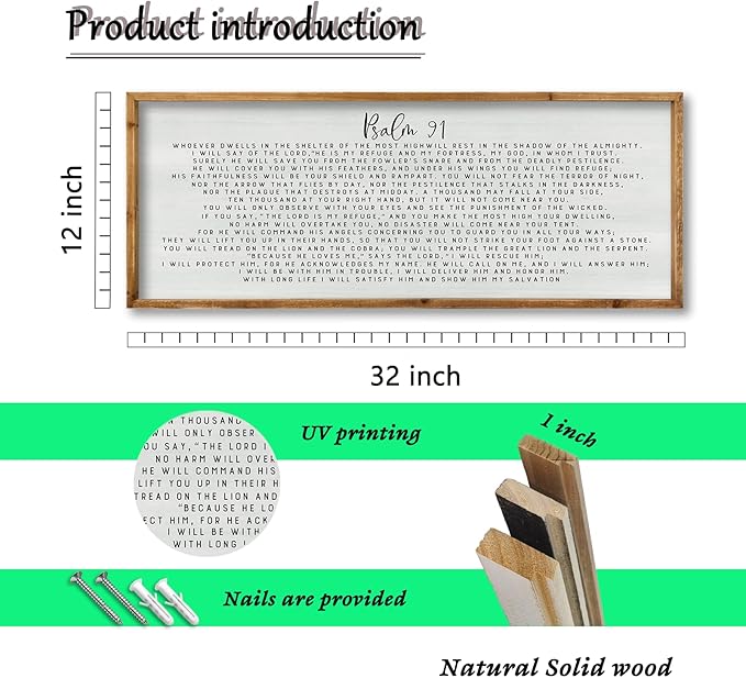 ZZJJHYWGQ Bible Verse Wall Decor Psalm 91 Wall Art 32"×12" Scripture Print Sign for Living Room Home Religious Prayer Room Family Christian Inspirational Quotes Catholic Wall Hanging (Wood)