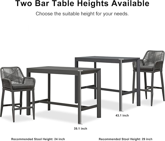 PURPLE LEAF 39.1'' Rectangle Outdoor Patio Counter Height Dining Table, Durable Aluminum Bar Height Pub Table for Counter Bar Stool, Water-Proof Tall Dining Table with Sturdy Legs, Grey