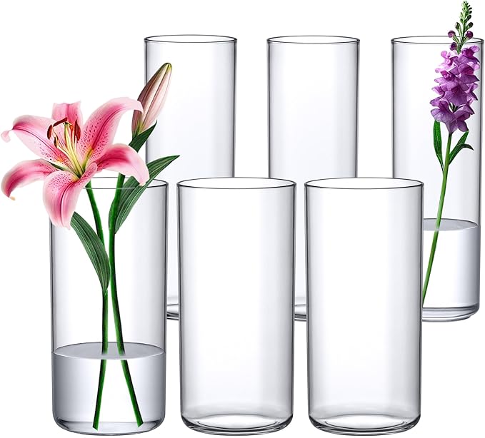 Amazing Abby - Viola Alta - Plastic Cylinder Vases (6-Piece Set), Acrylic Flower Vases for Wedding Centerpieces, Home Decorations, Office Ornaments, Shatter-Proof, 10" + 12" (H) (Not Glass)