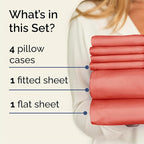Queen Sheets Set 6 Piece - Includes 4 Pillowcases - Bed Sheets Queen Size - Soft Hotel Luxury Bedding - Cooling, Comfy, Cozy & Breathable - 1 Flat & 1 Fitted & 4 Pillowcases w/ Deep Pockets - Coral
