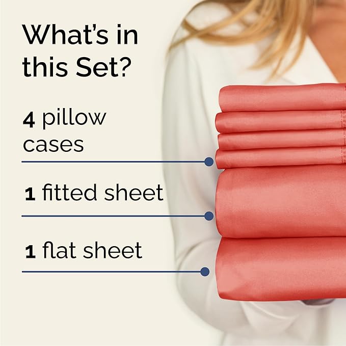 Queen Sheets Set 6 Piece - Includes 4 Pillowcases - Bed Sheets Queen Size - Soft Hotel Luxury Bedding - Cooling, Comfy, Cozy & Breathable - 1 Flat & 1 Fitted & 4 Pillowcases w/ Deep Pockets - Coral