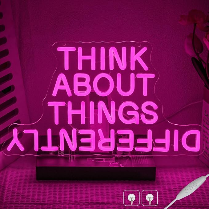 Think About Things Differently Neon Sign, Dimmable Office Neon Light, Pink Letter LED Light Up Sign for Classroom, Bedroom, Office, Study Room, Library Decoration