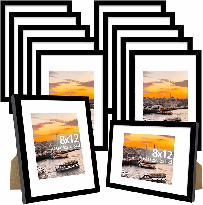 12 Packs 8x12 Picture Frames, Display 6x8 with Mat or 8x12 Without Mat, Gallery Wall Frame Set, 8 by 12 Frames Bulk Set of 12 Collage Wall Decor Photo Frames Set for Wall and Tabletop, Black