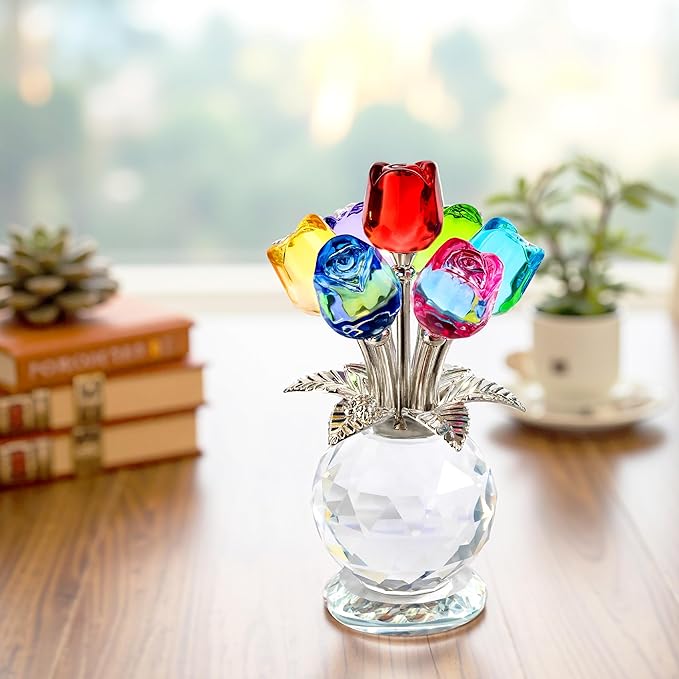 Crystal Colorful Rose Flower Collectible Figurine Glass Flowers with Vase Romantic Gifts for Wife Mom Women on Anniversary
