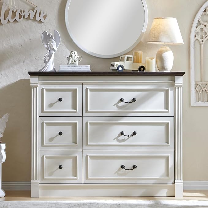 6 Drawers Dresser for Bedroom, Farmhouse 47.8" Wide Dressers & Chests of Drawers w/Roman Column, Wood Rustic Closet Dresser with Two Different Drawer Sizes for Bedroom, Living Room, White