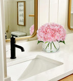 Hollyone Hydrangea Artificial Flowers with Glass Vase Pink Silk Faux Flowers Arrangements with Clear Faux Water Fake Floral Bulk Bouquet for Home Decor Table Centerpiece Decorations