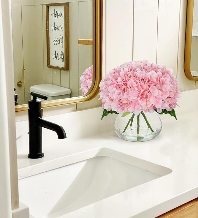 Hollyone Hydrangea Artificial Flowers with Glass Vase Pink Silk Faux Flowers Arrangements with Clear Faux Water Fake Floral Bulk Bouquet for Home Decor Table Centerpiece Decorations