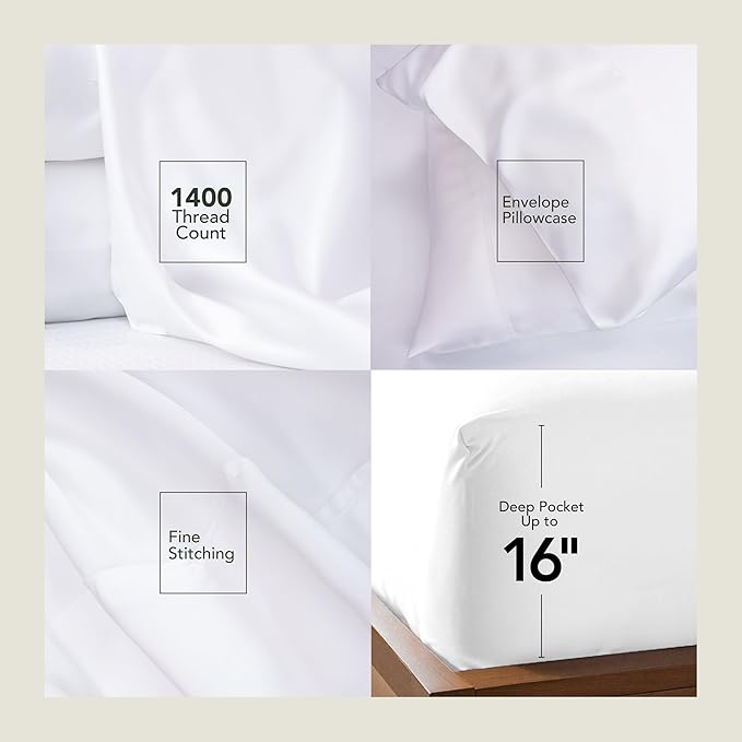 EPITEX Solid 4 Piece Queen Sheet Set - Viscose Derived from Bamboo, 1400 Thread Count, Breathable and Cooling Bed Sheets Set, Luxurious Silky Bedding for Hot Sleeper, Deep Pocket Up to 16'', White