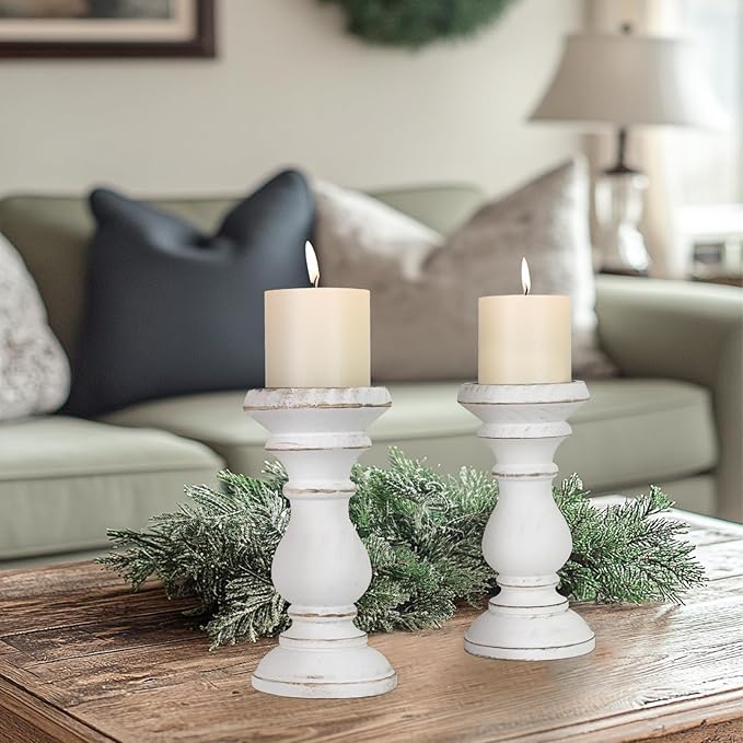 Candle Holder for Pillar Candle Set of 2, Farmhouse Wood Candle Holder, Rustic Wooden Candle Stand, Vintage Wooden Candlestick Holders Decorative for Living Room, Table Centerpiece, Antique White