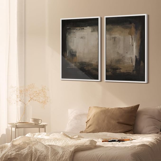 SIGNFORD Framed Canvas Print Wall Art Set Neutral Black and Brown Contemporary Minimalist Illustration Modern Art Decorative for Living Room, Bedroom, Office - 24"x36"x2 White