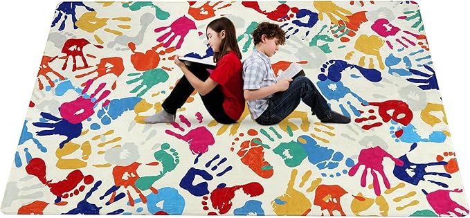 STARUIA Large Kids Rug for Playroom, 8'x10' Handprints and Footprints Colorful Rug for Classroom, Non-Slip Washable Rugs for Nursery, Soft Throw Carpet Indoor Playmat for Kids Room Dorm Bedroom