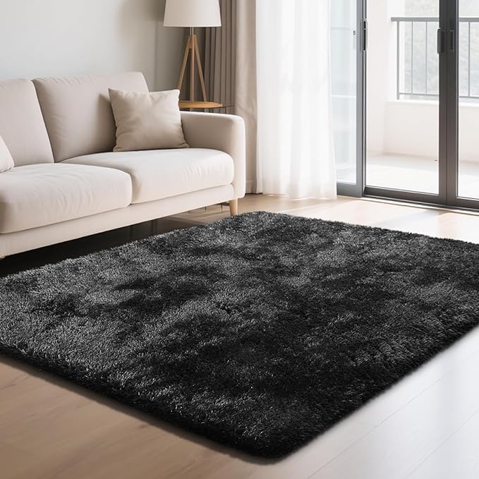 Fluffy Rug Shaggy Area Rug, Black 4x6 Area Rugs for Bedroom, Small Bedside Rug, Soft Fluffy Shaggy Entryway Throw Rugs for Living Room Bedroom Kids Room Home Decor