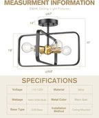 Emak Black and Gold Ceiling Light Fixture, Modern 16 Inch Semi Flush Mount Ceiling Lights with Metal Frame, 4 Light Fixtures Ceiling Mount for Hallway, Bedroom, Bathroom, Kitchen, FM084-BKBGD