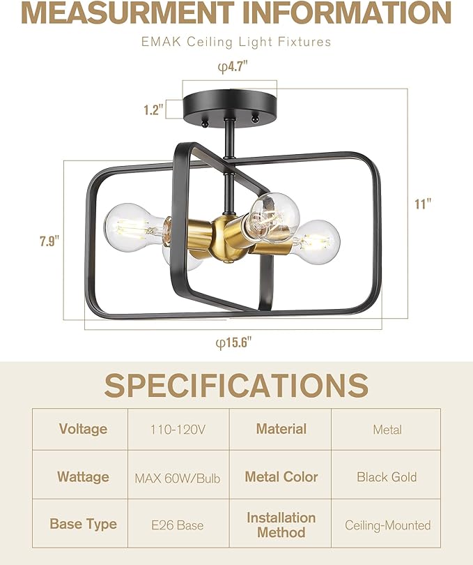 Emak Black and Gold Ceiling Light Fixture, Modern 16 Inch Semi Flush Mount Ceiling Lights with Metal Frame, 4 Light Fixtures Ceiling Mount for Hallway, Bedroom, Bathroom, Kitchen, FM084-BKBGD