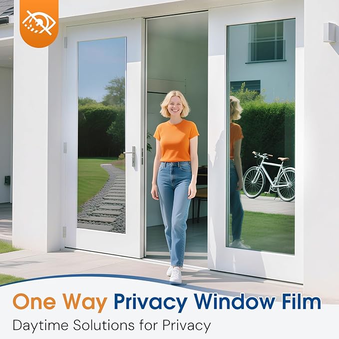 Homein One Way Privacy Window Film with Tool Window Tint for Home Film See Out Not in Heat Control Sun Blocking Mirror Reflective Anti UV Covering Static Cling No Glue Sliver 17.5 x 78.7 inch