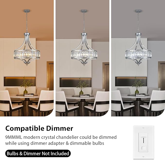 Modern Chrome Crystal Chandelier, 20 Inch Large Ceiling Pendant Light Fixture with 50'' Adjustable Hanging Chain, 5-Light Farmhouse Chandelier for Dining Room, Living Room, Bedroom, Entryway