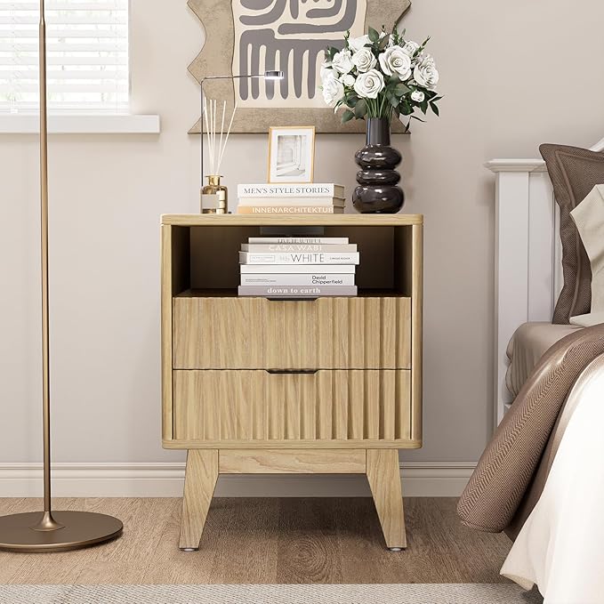 Nightstand Set of 2 with Charging Station, Modern Fluted 2 Drawers End Tables, Side Tables with Storage Shelf for Bedroom, Office, Natural Oak