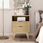 Nightstands with Charging Station, Modern Fluted 2 Drawers End Tables, Side Tables with Storage Shelf for Bedroom, Office, Natural Oak