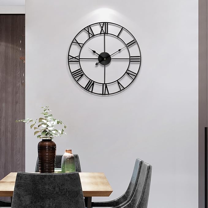1st owned 16 inch Wall Clock - Metal Retro Roman Numeral Wall Clock, Almost Silent, Easy to Read for Living Room Decor/Home/Kitchen/Bedroom/Office/School(Black)