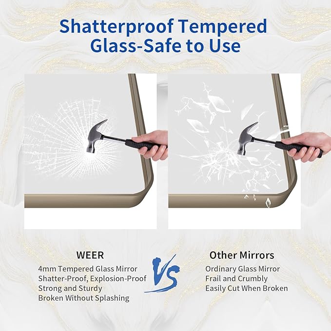 WEER 48x32 Inch Bronze Bathroom Mirror for Vanity, Brushed Bronze Metal Frame Mirror for Wall, Rounded Rectangle Bronze Frame Mirror with Tempered Glass, Anti-Rust (Horizontal/Vertical)