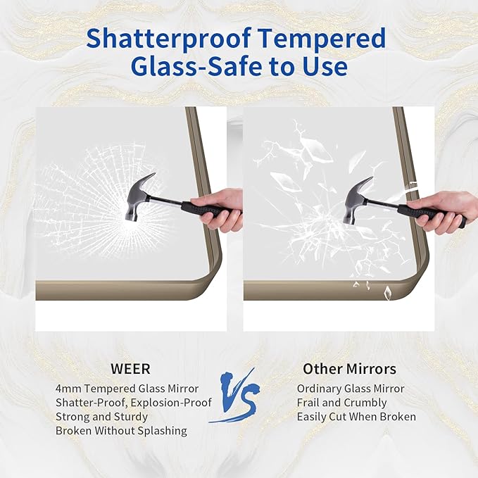 WEER Bronze Framed Modern Wall-Mounted Bathroom Mirror, 55"L x 36"W, Brushed Bronze Aluminum Frame, Shatterproof Tempered Glass, Rounded Rectangle, Horizontal/Vertical Mounting