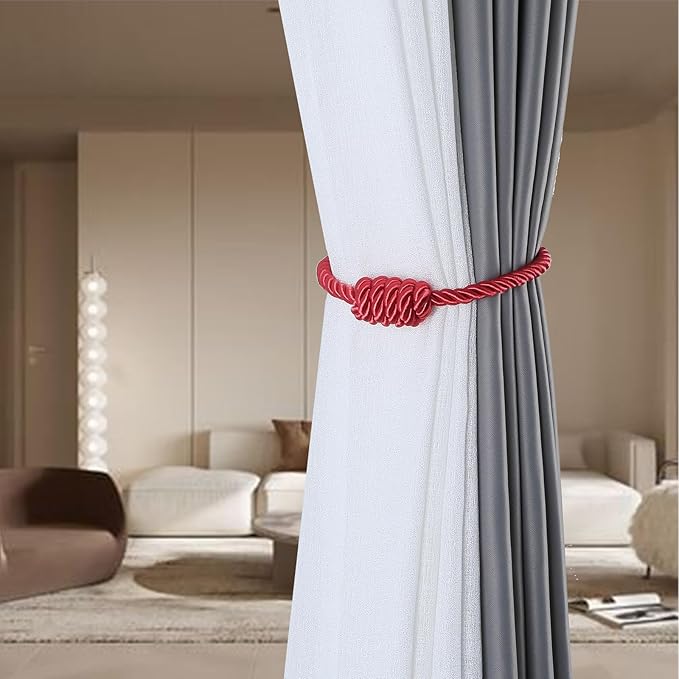 Fenghuangwu 2Pack Magnetic Curtain Tiebacks – Bohemian Style Handmade Woven Tie-Backs for Drapes,Elegant Exquisite Knot Holdbacks,Outdoor Boho & Modern Home Decor -Red