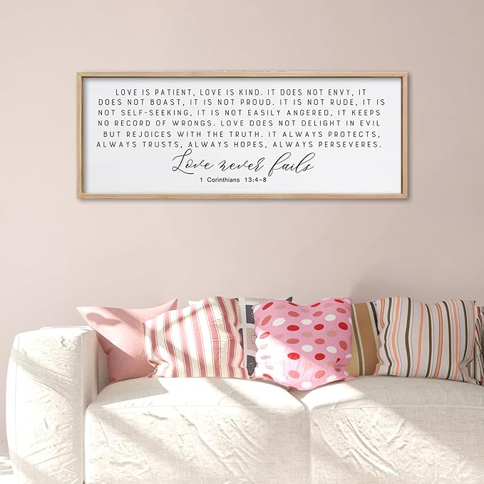 ZZJJHYWGQ Love is Patient Love is Kind Wall Decor 40"X15" Corinthians 13 Large Bible Verse Quote Sign for Above Bed Hanging Wood Framed Wall Art (Wood