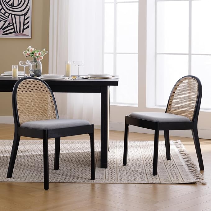 Mid Century Dining Chairs Set of 2, Accent Rattan Side Chairs Linen Fabric Kitchen Chair with Solid Wooden Legs for Living Room Dining Room, Grey