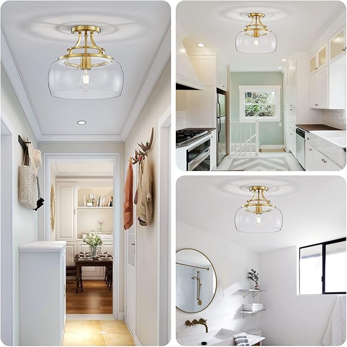 WUZUPS Chandelier Rustic Farmhouse Industrial Round Semi-flushmount Ceiling LED Light Fixture with Clear Glass Shades for Bathroom Kitchen Foyer Entryway, H 11.8" x W 13.4", E26 Base, Brushed Gold