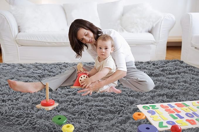 Gray Shag Area Rugs 8x10 - Large Grey Plush Rug for Living Room Bedroom - Modern Soft Fuzzy Gray Indoor Floor Carpet for Boys Kids Playroom(Sliver Dark Grey)
