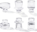 Candlestick Holders Set of 6, Ribbed Glass Taper Candle Holders, Reversible Clear Tealight & Candle Stick Candle Holder Vintage Crystal Tealight Candle Holder for Wedding Dinner Party