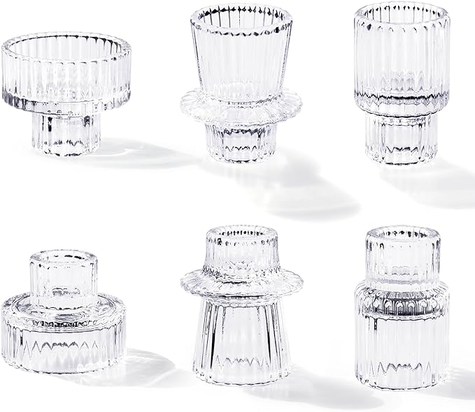 Candlestick Holders Set of 6, Ribbed Glass Taper Candle Holders, Reversible Clear Tealight & Candle Stick Candle Holder Vintage Crystal Tealight Candle Holder for Wedding Dinner Party