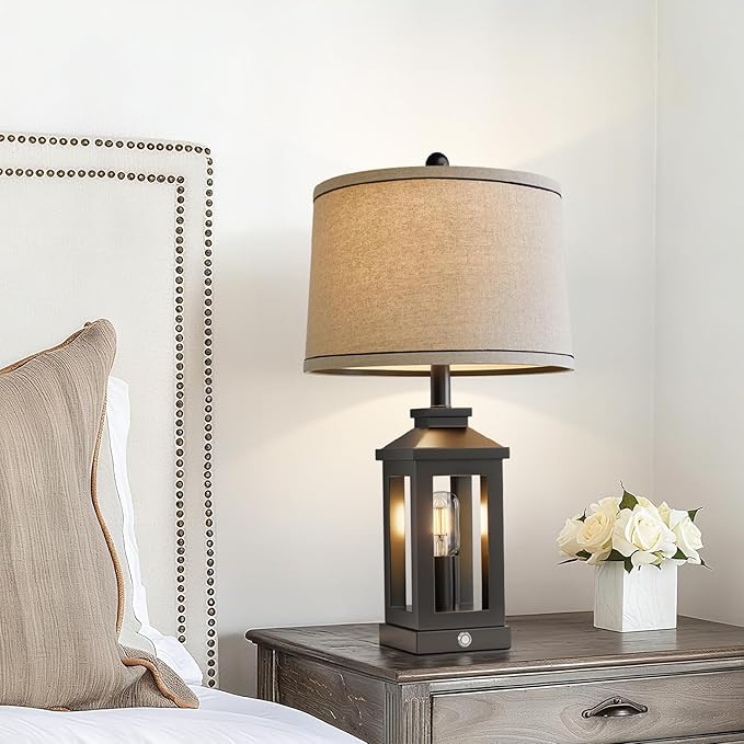 BOBOMOMO 23.75" Farmhouse Black Table Lamps Set of 2– Rustic Bedside Lamps with 3 Way Dimmable Touch Control Night Light & USB A+C Ports, Modern Lamp for Bedroom, Living Room, Entryway