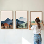 SIGNINART Boho Mountains Framed Canvas Wall Art Set of 3, Watercolor Nature Landscape Art Prints, Neutral Modern Sunrise Art Paintings, Green Forest Wall Decor for Living Room Bedroom Office 24"x36"x3