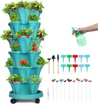 Vertical Planter, 6 Tier Stackable Strawberry Planter with Garden Tool Set, Movable Indoor/Outdoor Garden Herb Pot for Growing Vegetables and Succulents, Teal
