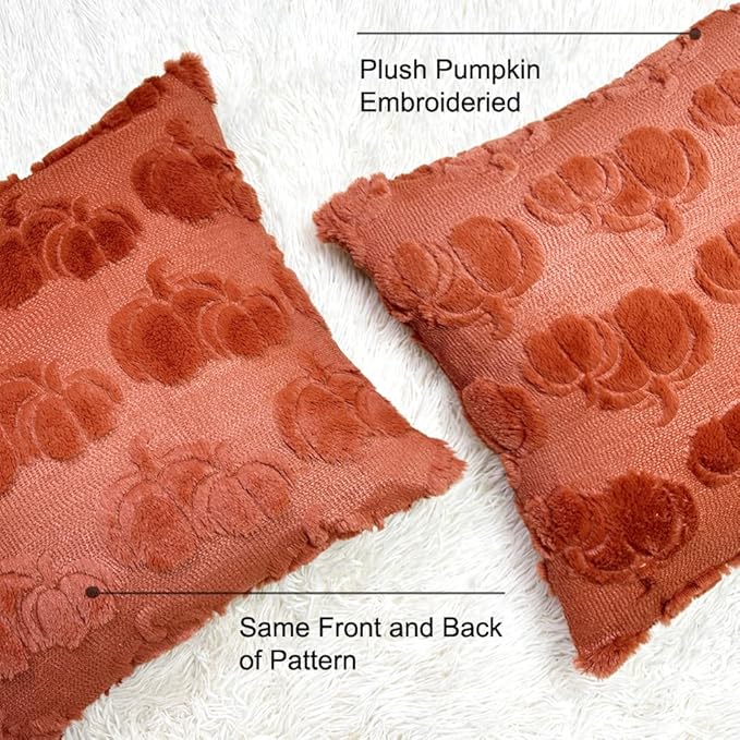 Booque Valley 4 Packs Fall Throw Pillow Covers Soft Plush Faux Fur 3D Embroidery Rust Pumpkin Decorative Pillowcases for Living Room Couch Bed Sofa, 18 x 18 inch, Harvest
