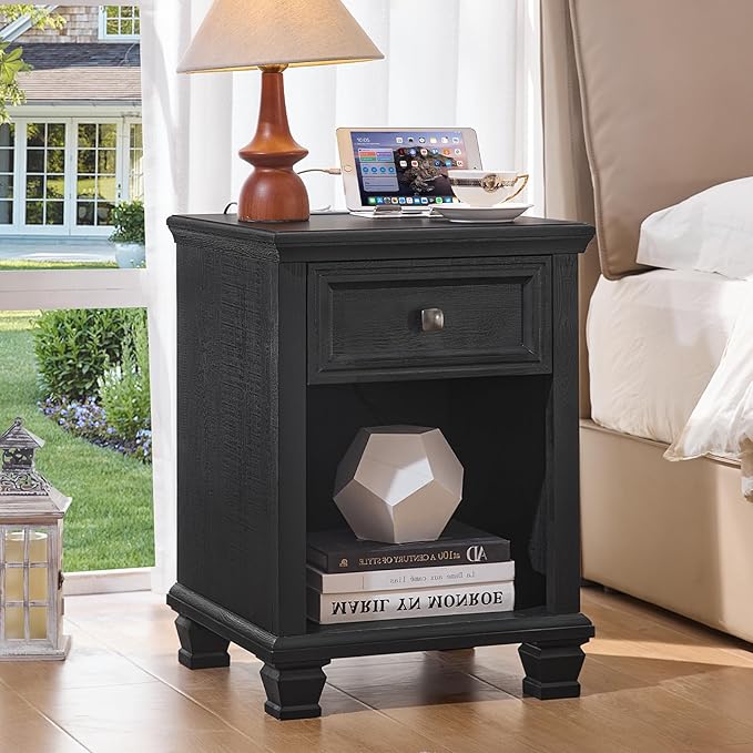Farmhouse Side Table with Charging Station, Rustic Wood End Table with Drawer, Small Nightstand with Open Shelf for Bedroom, End Tables for Living Room, Black