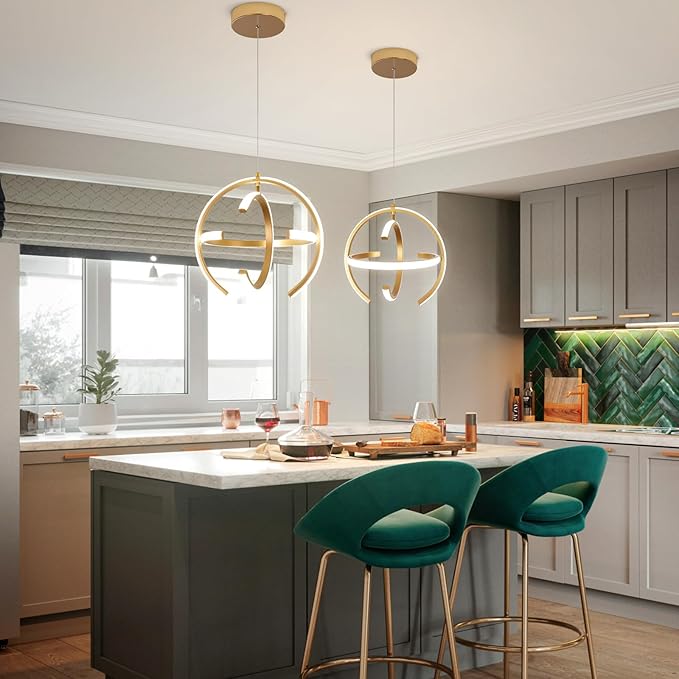 Modern Gold LED Chandelier, Dimmable Metal Brushed Globe Pendant Lights, Hanging Ceiling Light Fixture for Kitchen Island Living Room Room Dining Bedroom Hallway Entryway Foyer 13 Inchs