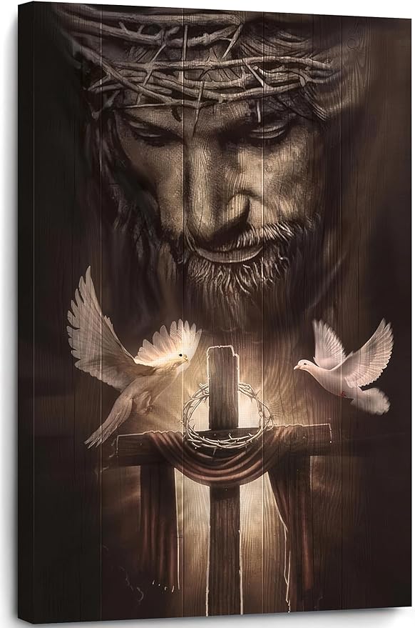 Fantasy Artists Framed Jesus Christ Canvas Wall Art The Cross and Peace Dove Christian Painting Prints Biblical Wall Decor Religious Room Decor for Church Prayer Room Schools Hospitals 24'' x 36''