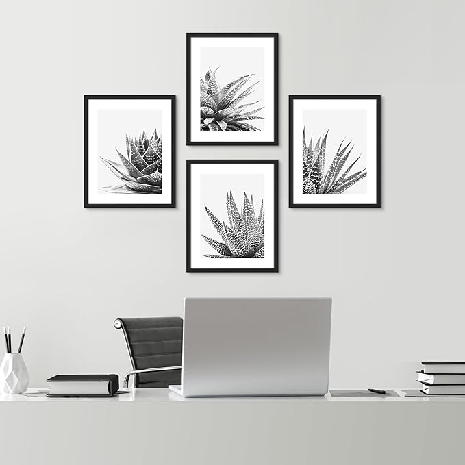 SIGNWIN Framed Black White Snake Plant Agave Cactus Succulent Wall Art, Set of 4 Floral Botanical Wall Decor Prints, Nature Wilderness Wall Décor for Living Room, Bedroom - 12"x16" Black