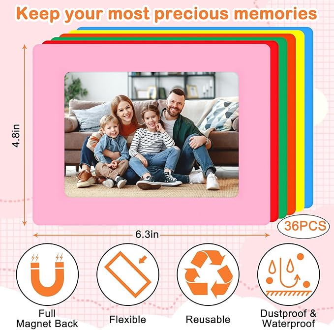 36 Pack 4 x 6 Inch Colorful Magnetic Photo Frames - Reusable magnetic frames for refrigerator for Back to School, Classroom, Office, Home, Back to Locker (Multiple Colors)
