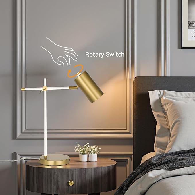 Modern White and Gold Desk Lamp, Minimalist Industrial Table Lamp with Swing Arm, for Study Room Home Office Bedroom Bedside Nightstand