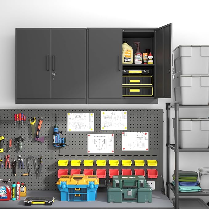 Metal Wall Cabinet,Garage Wall Cabinetwith Handle,Lockable Storage Cabinets Wall Mounted with 2 Doors,Locking Cabinet with Shelves for Basement,Living Home,Black